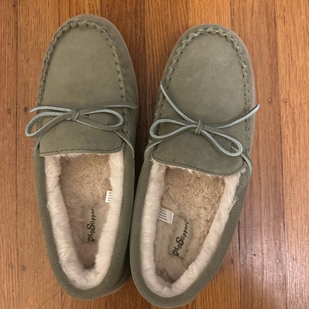 Olive myslippers/mypillow moccasin slippers